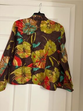 Coldwater Creek Brown Floral Button-Front Jacket with Green and Teal Accents